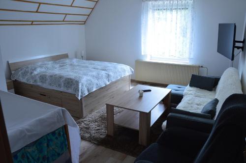 a bedroom with a bed and a couch and a table at Horský apartmán Pod Zelenou Střechou in Bartošovice v Orlických Horách
