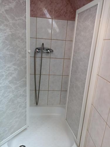 a shower with a glass door in a bathroom at Mókus Apartman in Balatongyörök