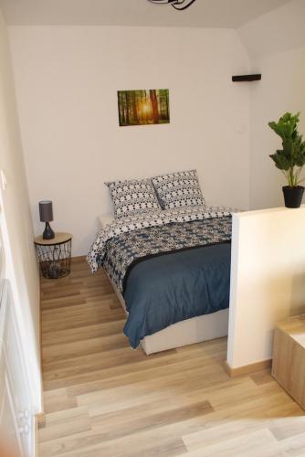 une chambre avec un lit et un parquet dans l'établissement LES COTTAGES DU PRYTANEE, à La Flèche