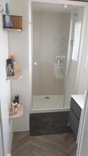 une salle de bain avec une douche avec une porte vitrée dans l'établissement Mobilhome les Dunes de Contis, à Saint-Julien-en-Born