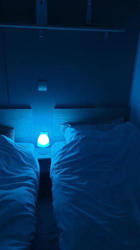 Cette chambre bleue comprend 2 lits et une lumière bleue. dans l'établissement Mobilhome les Dunes de Contis, à Saint-Julien-en-Born
