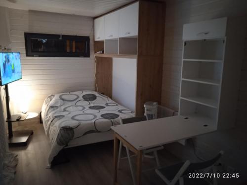 a small bedroom with a bed and a desk at Studio au fil de l'eau in Saulzoir