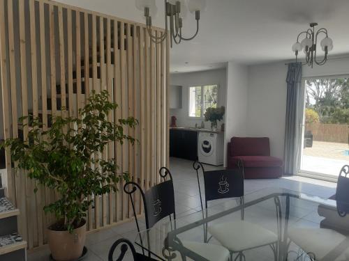 un salon avec une table en verre et une plante dans l'établissement Villa san salvador Torreilles plage, à Torreilles