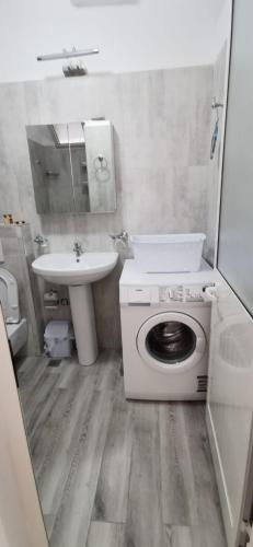 Un baño con lavadora y lavabo. en Mimoza Appartament, en Golem