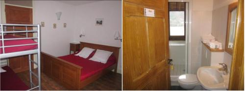 two pictures of a bedroom with a bunk bed and a bathroom at Gîte Les Mésanges in Thônes