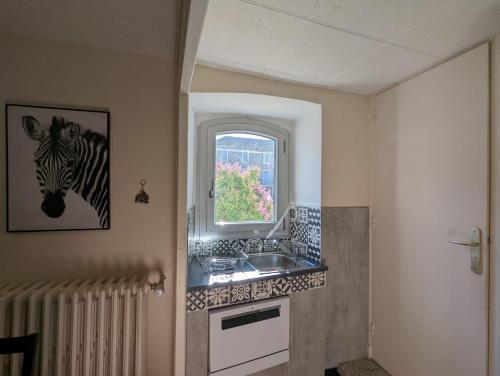 een keuken met een wastafel en een raam bij Agréable maison de village à coté de la DOLCE VIA in Saint-Sauveur-de-Montagut