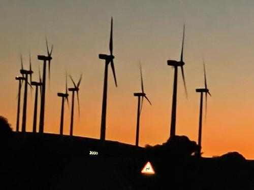 a group of windmills in front of a sunset at Hotel Playa de la Plata in Zahara de los Atunes
