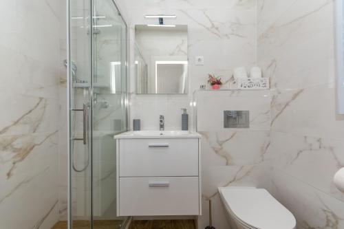 een badkamer met douche, wastafel en toilet bij Apartment Rivendell in Dubrovnik