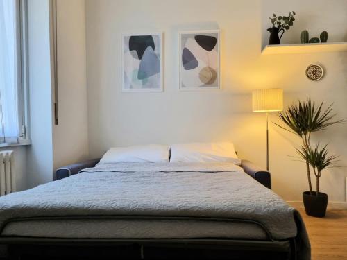 1 dormitorio con 1 cama y una maceta en Claro Apartments - Prampolini 12, en Milán