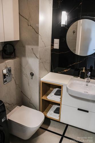 a bathroom with a sink and a toilet and a mirror at D Apartments Centrum Prowiantowa II in Białystok