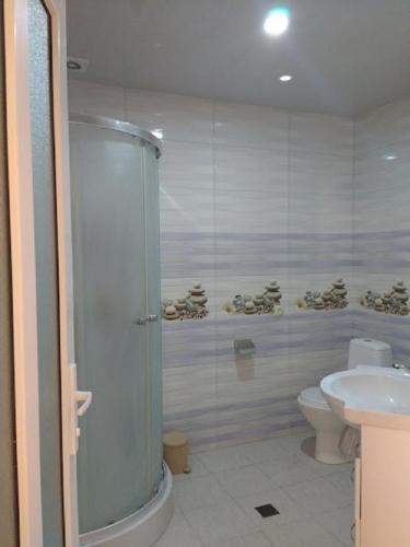 a bathroom with a shower and a toilet and a sink at Lake House Gyumri in Noraber