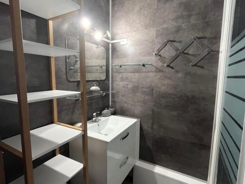 een kleine badkamer met een wastafel en een spiegel bij Studio Villard-de-Lans, 1 pièce, 4 personnes - FR-1-515-139 in Villard-de-Lans