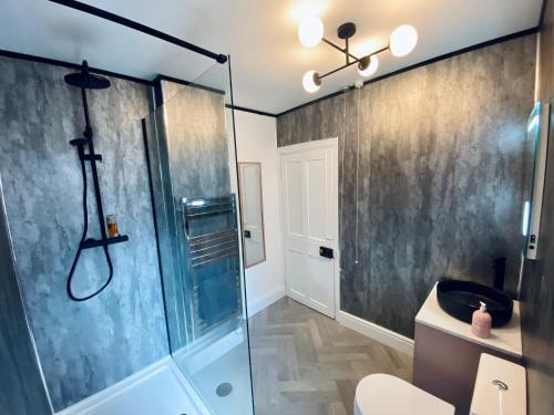 uma casa de banho com um chuveiro, um WC e um lavatório. em The Mynach Annex em Barmouth