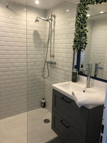a bathroom with a shower and a sink and a shower at L'Évasion - Studio - Vue mer in Calais