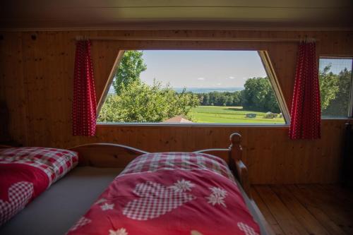 a bedroom with a bed and a large window at Hof-Tschannen in Lengwil