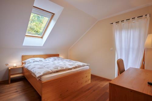 a bedroom with a bed and a window at Guest House Hiša Sonca Luče in Luče