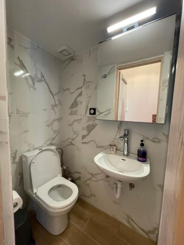 łazienka z toaletą i umywalką w obiekcie AF Guest House w mieście Areopolis