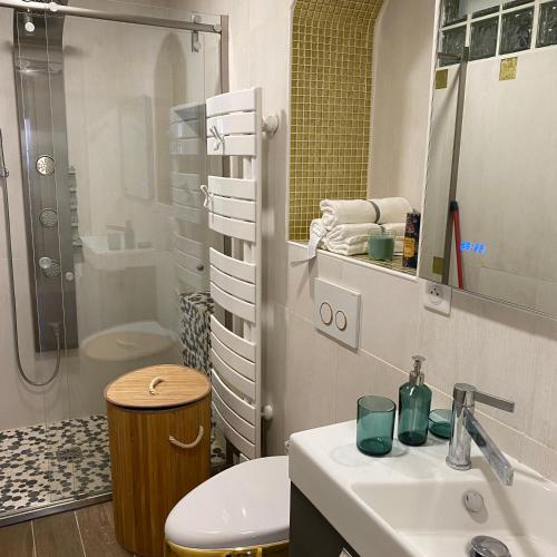 une salle de bain avec un lavabo, des toilettes et une douche dans l'établissement Le Roofound - Porte de Paris - Métro à 5min - Entrée personnelle, à Charenton-le-Pont