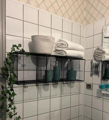 La salle de bains est pourvue d'une étagère avec des serviettes et de la vaisselle. dans l'établissement Chambre d'hôtes indépendante à la campagne, à Saint-Just-le-Martel