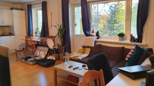 a living room with a couch and a table at Studio apt in quiet residential area 20min to city centre in Oslo