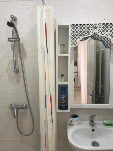 a bathroom with a shower and a sink and a mirror at Cosy Appart - Central & Near main interest points in La Marsa