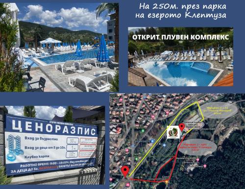 uma colagem de fotografias de um resort com um mapa em Kleptuzaparts em Velingrad