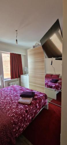 een slaapkamer met een groot bed met paarse lakens bij Apartamentos completo con todas las comodidades in Brussel