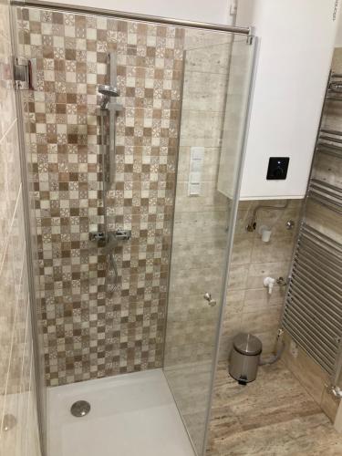 W łazience znajduje się prysznic ze szklanymi drzwiami. w obiekcie Bólyi Panzió w mieście Bóly