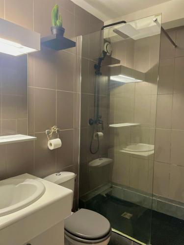 une salle de bain avec une douche, des toilettes et un lavabo dans l'établissement Cosy Appartement vue mer, à Camiers