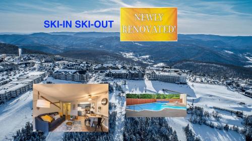 uma colagem de fotos de uma estância de esqui na neve em Snowshoe Ski-in & Ski-out at Silvercreek Resort - Family friendly, jacuzzi, hot tub, mountain views em Snowshoe