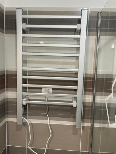 a glass shower door with a cord plugged into it at Léda Vendégház Balatonfenyves in Balatonfenyves