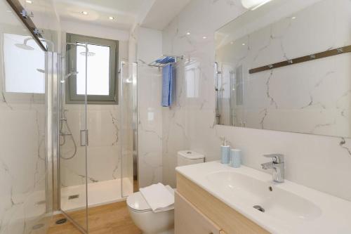a bathroom with a shower and a sink and a toilet at Villa Paleos Aegean by Villa Plus in Ialyssos