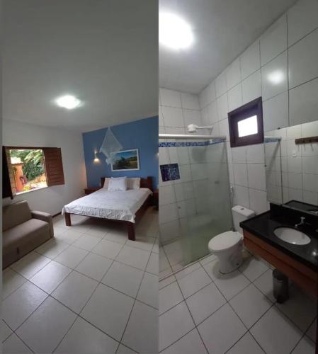 a bathroom with a bed and a toilet and a sink at Sitio Maravilha in Mulungu