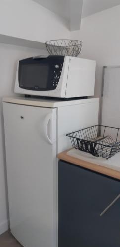 un micro-ondes posé sur un réfrigérateur dans l'établissement Appartement chaleureux à 5 mins de La Rochelle, à Aytré