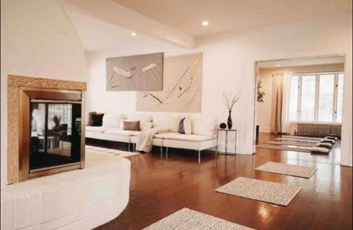 uma sala de estar com um sofá branco e uma lareira em The 212 Escape em Saugerties