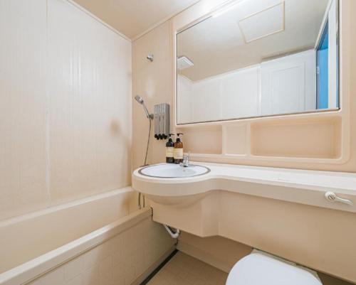 a bathroom with a sink and a toilet and a mirror at Top Island Hotel in Jeju