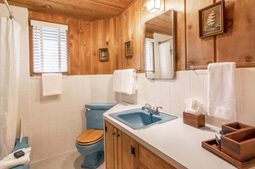 une salle de bain avec des toilettes bleues et un lavabo dans l'établissement Salal Bluff, à Lincoln City