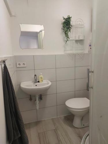 a white bathroom with a toilet and a sink at Anna Ház in Balatonfenyves