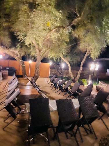 a group of chairs sitting in front of trees at Finca Sa Canova Agroturismo in Campos