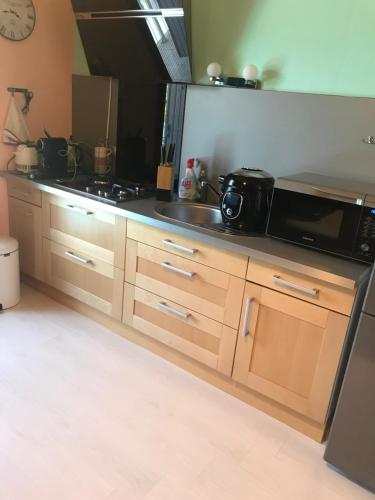 a kitchen with a microwave and a sink at Studio privé in Cazilhac