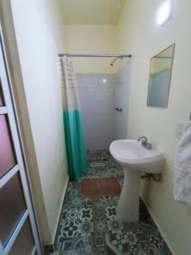 a bathroom with a sink and a shower at Posada Casa Mexicana Jamaica in Mexico City
