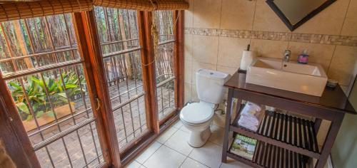 a bathroom with a toilet and a sink and windows at Charlie's Spot - THE GARDENS with solar electricity in Johannesburg