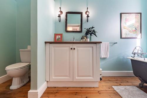 a bathroom with a sink and a toilet and a mirror at Zonnendal Family Home in charming Kalk Bay in Cape Town