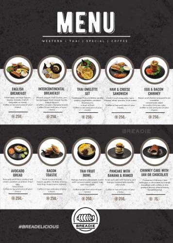 een menu voor een restaurant met veel eten bij Royal Cottage Residence in Lamai