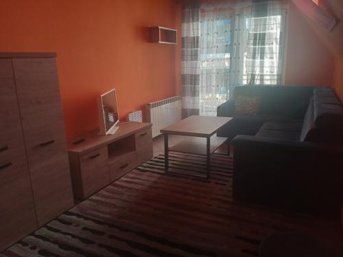salon z kanapą i stołem w obiekcie Uroczy apartament w Krakowie