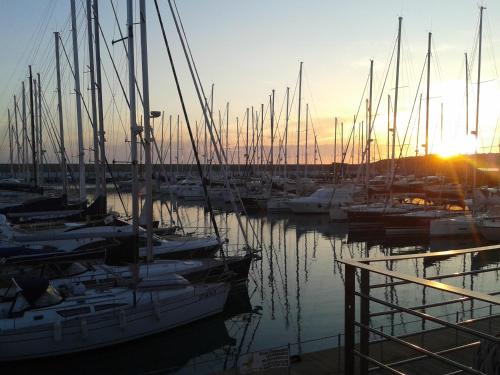 a group of boats docked in a marina at sunset at APPARTAMENTO CALETTA 2 in Castiglioncello