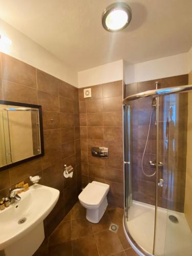 a bathroom with a shower and a toilet and a sink at La Terraza del Oasis in Lozenets