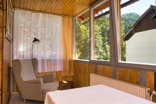 um quarto com uma mesa, uma cadeira e uma janela em Apartma Vila Kočna em Zgornje Jezersko