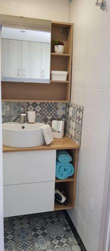 une salle de bain avec un lavabo et un comptoir avec des serviettes dans l'établissement Maisonnette de vacances au bord de l'eau, à Guidel