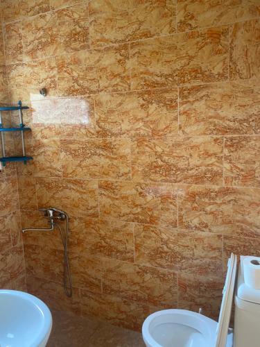 Badu Guest House في كفارياتي: حمام مع مرحاض ومغسلة ودش